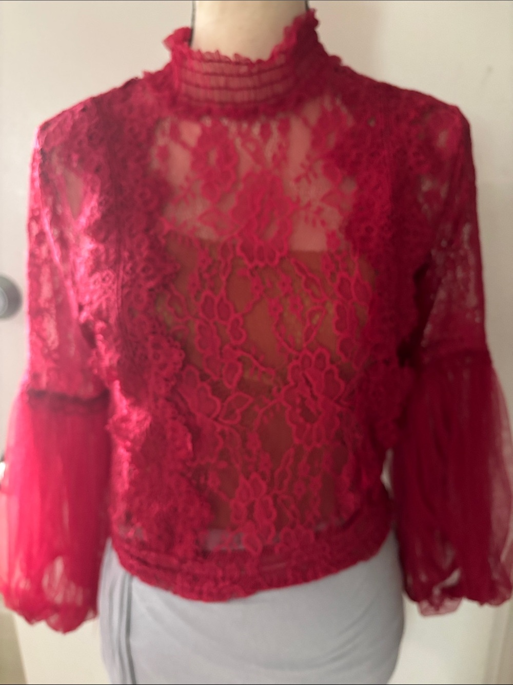 Red Lace High-Neck Blouse - Women's Elegant Sheer Top